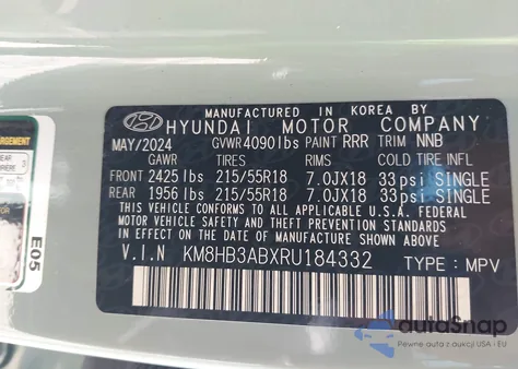 2024 Hyundai Kona Sel z USA, uszkodzony, nr VIN KM8HB3ABXRU184332